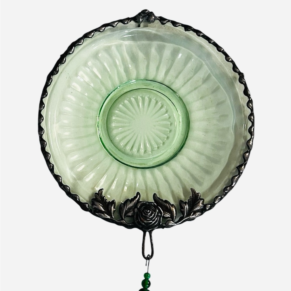 Green Depression Glass Decorative Plate w Metal Embellishments & Hanger NEW